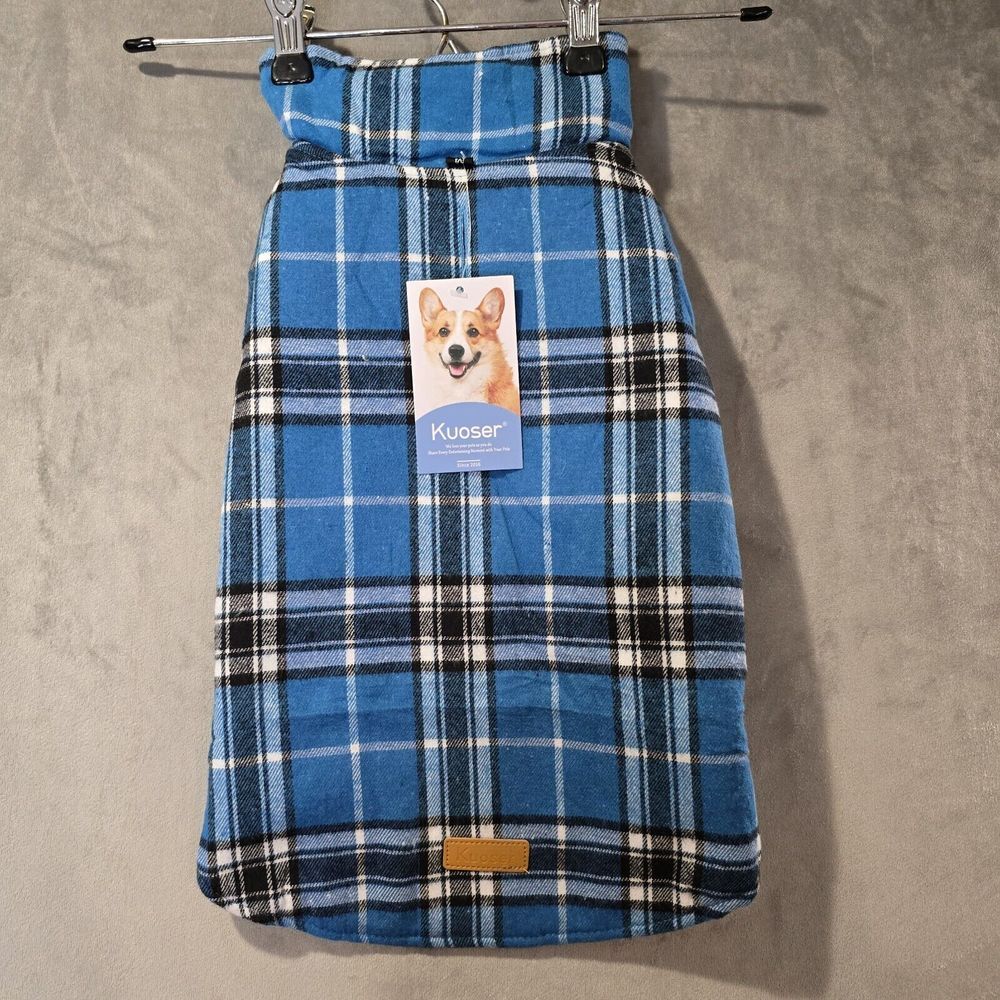 Kouser Dog Jacket‎ Reversible Blue Tartan Plaid Black Puffer Size Large